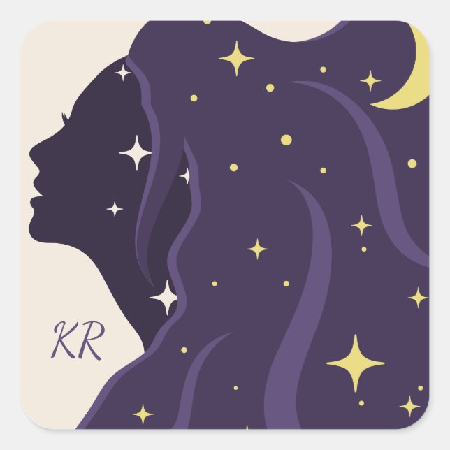 Cosmic Universe Lady Purple Gold Stars Personalize Square Sticker (Front)