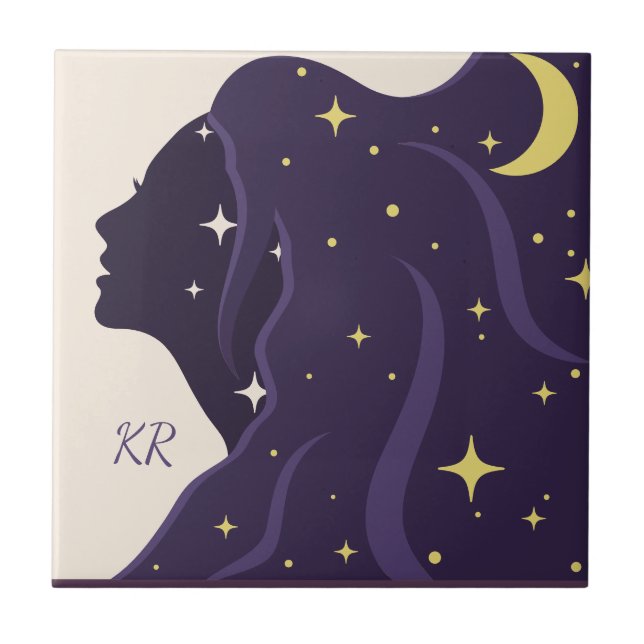 Cosmic Universe Lady Purple Gold Stars Personalize Tile (Front)