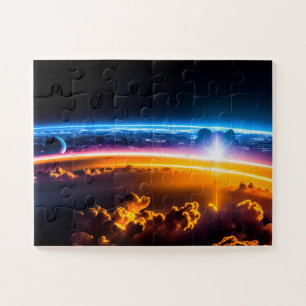Cosmic View of Rocket Launch Over Fun Rainbow Hues Jigsaw Puzzle