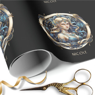 Cosmic Virgin Zodiac Symbol Blue Gold Script Virgo Wrapping Paper