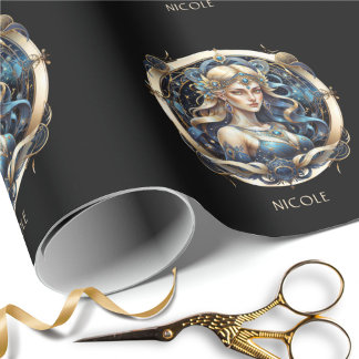 Cosmic Virgin Zodiac Symbol Blue Gold Script Virgo Wrapping Paper