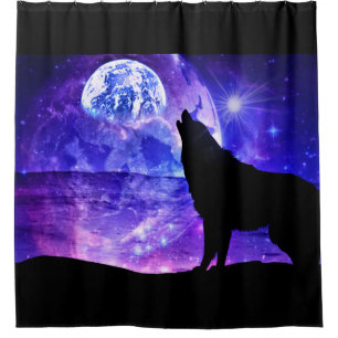 Cosmic Wolf - Moon Shower Curtain Purple and Black