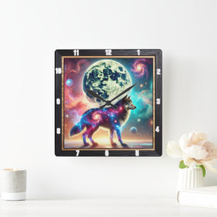 Cosmic Wolf with Galactic Elements and Moon Square Wall Clock