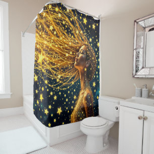 Cosmic woman with glowing starry golden hair