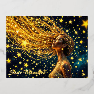 Cosmic woman with glowing starry golden hair foil holiday postcard