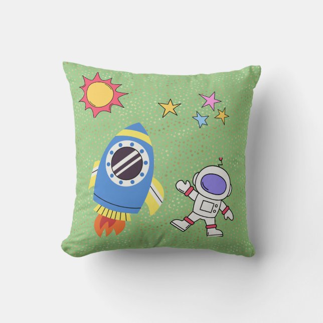 Cosmic World Astronaut and Space Rocket Throw Pillow (Front)