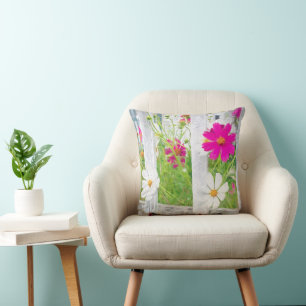 Cosmo Flower Garden With Fence Throw Pillow