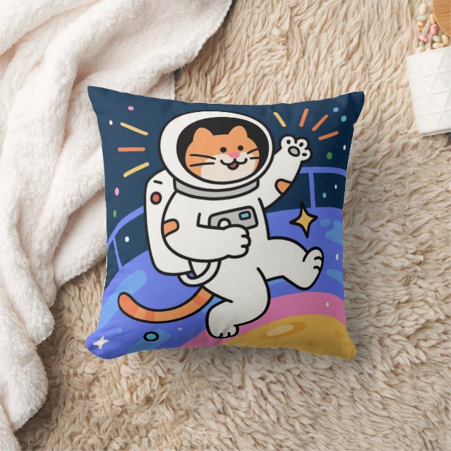 CosmoCat: Paws in Orbit Throw Pillow (Blanket)