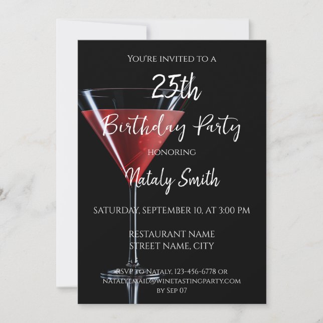 Cosmopolitan cocktail with cherry on black invitation (Front)