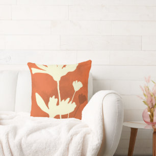 Cosmos Floral Silhouette with orange background Throw Pillow