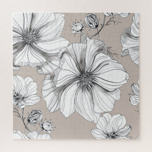 Cosmos Flowers: Botanical Drawing Pattern. Jigsaw Puzzle
