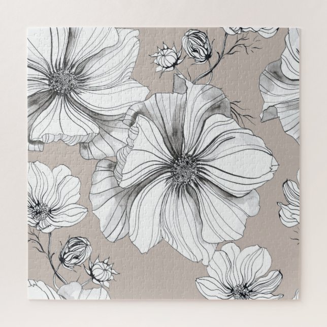 Cosmos Flowers: Botanical Drawing Pattern. Jigsaw Puzzle (Vertical)
