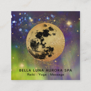 *~* Cosmos Gold Moon Aurora Borealis Glitter Stars Square Business Card