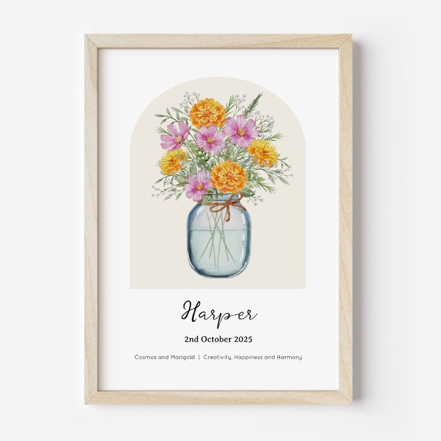 Cosmos Marigold October Birth Month Flower Poster (Personalised October Birth Month Flower Bouquet in Vase Poster | Cosmos and Marigold.)