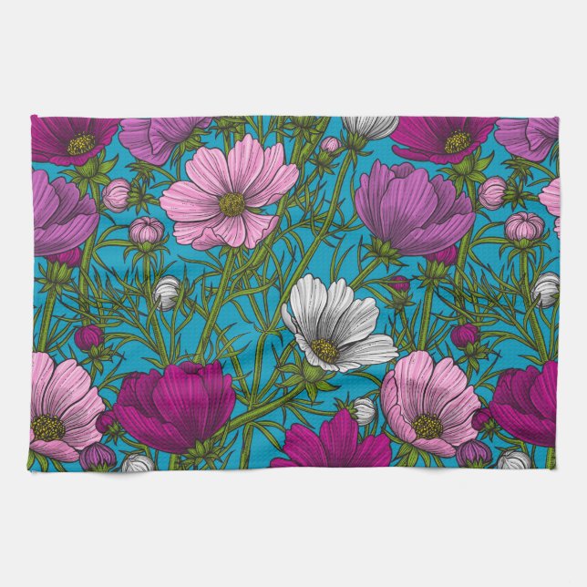 Cosmos mix on blue kitchen towel (Horizontal)