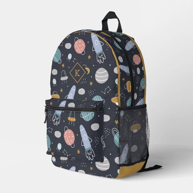 Cosmos pattern with spaceships, planets stars printed backpack (Back Corner Right)