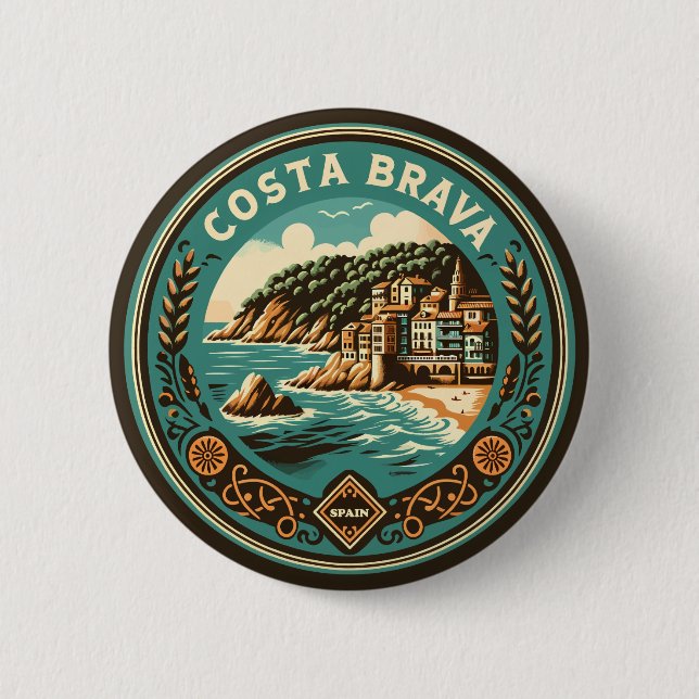 Costa Brava Spain Travel Art Badge 2 Inch Round Button (Front)
