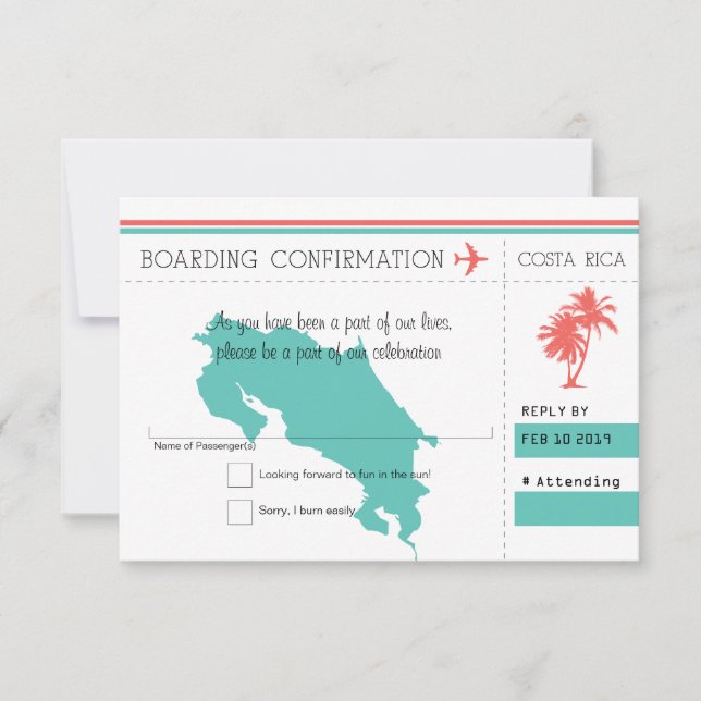 Costa Rica Boarding Pass RSVP Coral and Mint Card (Front)