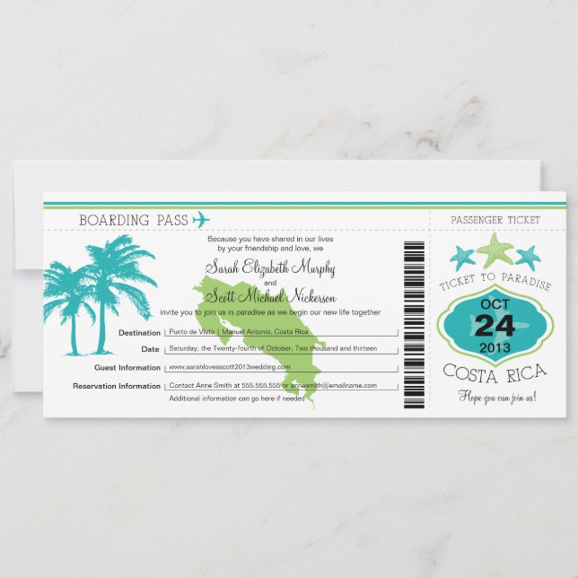 Costa Rica Boarding Pass Wedding Invitation (Front)