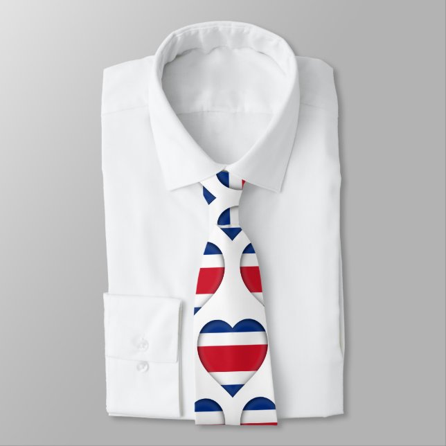 Costa Rica Flag Colours Heart Pattern Neck Tie (Tied)