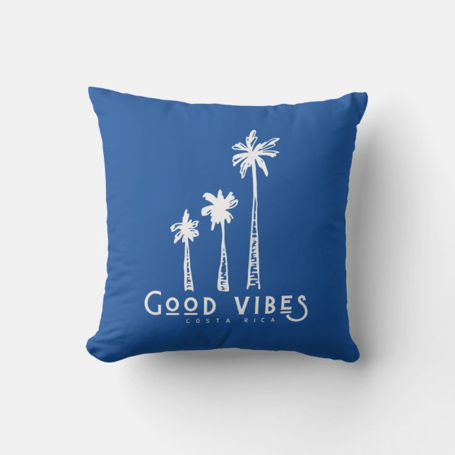 Costa Rica Good Vibes Palm Tree Blue Stripe Outdoor Pillow (Front)
