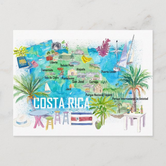 Costa Rica Illustrated Travel Map with Roads  Postcard (Front)