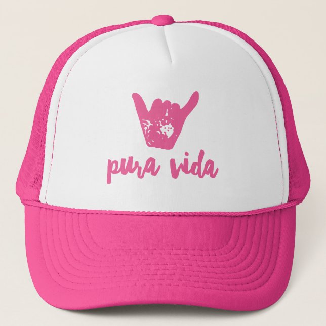 Costa Rica Pura Vida Shaka Surfing Pink Trucker Hat (Front)