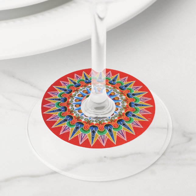 Costa Rican Oxcartwheel Art Wine Glass Tag (Close Up)