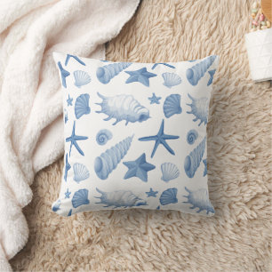 Costal blue seashells pattern throw pillow