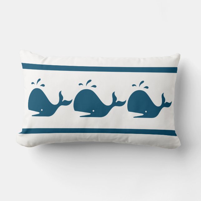 Costal Nautical Navy BLUE WHALE  White Lumbar Pillow (Front)