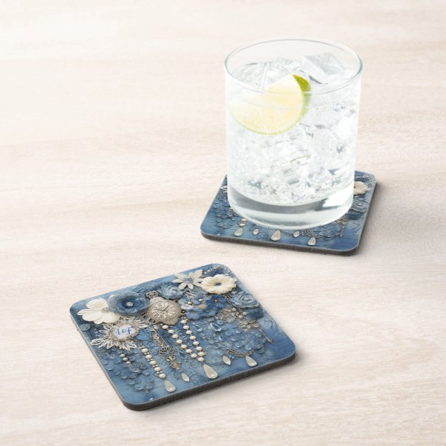 Costume jewellery on Blue Denim Coaster (Right Side)