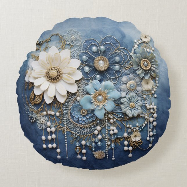 Costume jewellery on Blue Denim Round Pillow (Front)