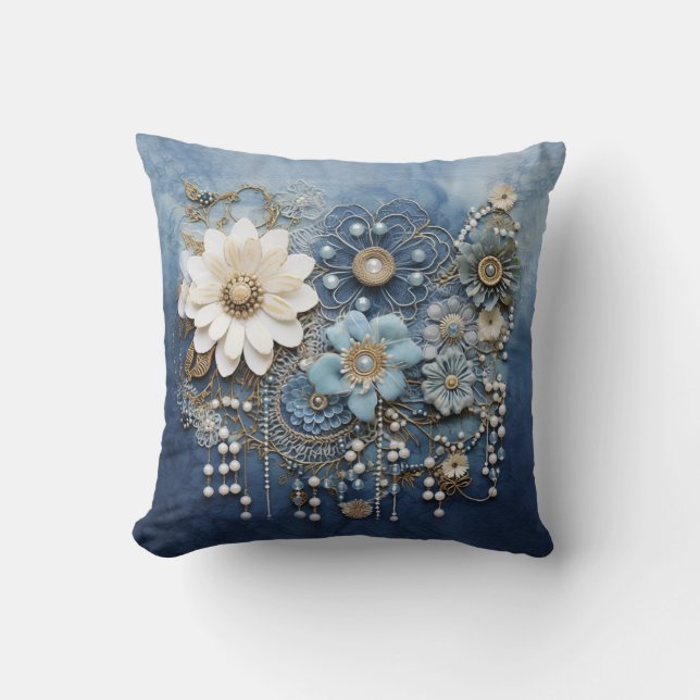 Costume jewellery on bue Denim Throw Pillow (Front)