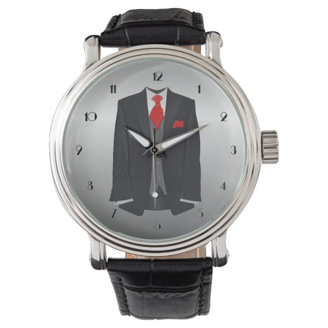 Costume noir homme et montre à poignet Cravate rou (devant)