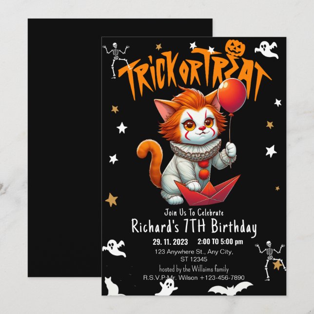 Costume Trick or Treat Halloween Cat  Birthday Par Invitation (Front/Back)