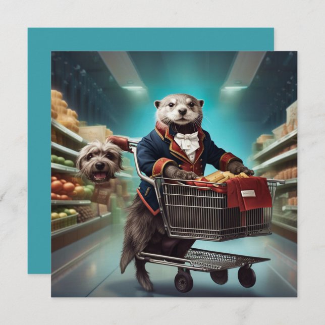 Costumed Otter with animals ghosts at supermarket Holiday Card (Front/Back)