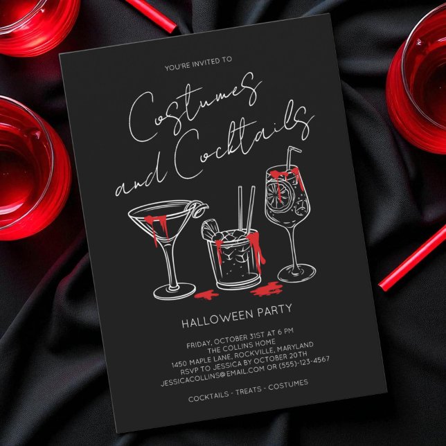 Costumes and Cocktails Blood Black Halloween Party Invitation (Costumes and Cocktails Blood Black Halloween Party Invitation)