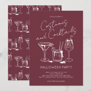 Costumes and Cocktails Burgundy Halloween Party Invitation