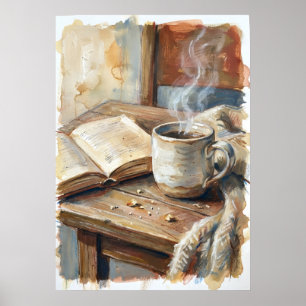 Cosy Coffee and Book Watercolour Poster Hygge Re