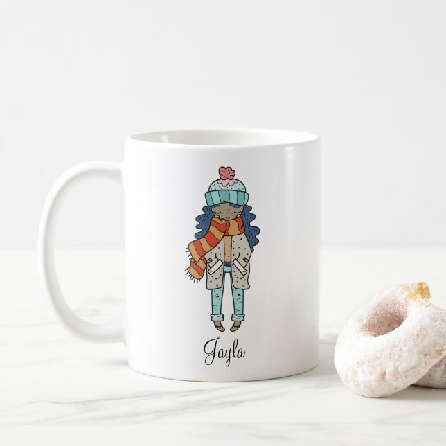 Cosy Fille Vacances d'hiver Personnalisé Café Mug (Avec donut)
