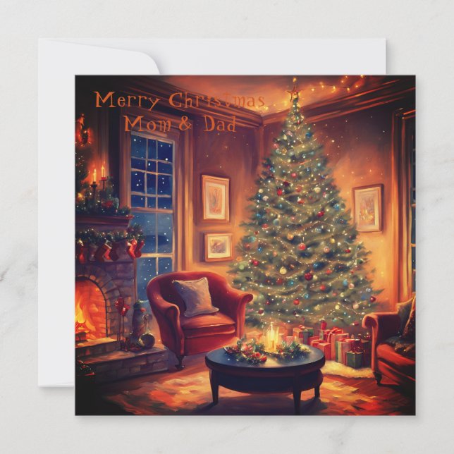 Cosy Fireplace And Christmas Tree | Mom And Dad Holiday Card (Front)