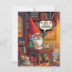 Cosy gnome doing his gnomework postcard