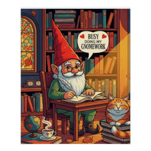 Cosy gnome doing his gnomework poster