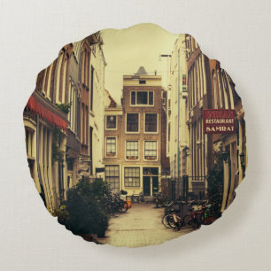 Cosy Street In Amsterdam, Retro Vintage Colours Round Pillow