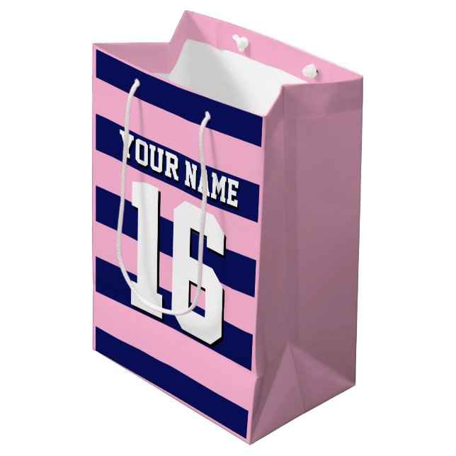 Cot Candy Pink Navy Blue Team Jersey Preppy Stripe Medium Gift Bag (Front Angled)