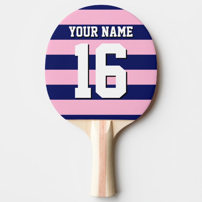Cot Candy Pink Navy Blue Team Jersey Preppy Stripe Ping Pong Paddle (Front)