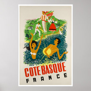 Cote Basque France Art Beach Poster Sports Retro
