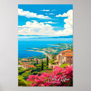 Cote d Azur France vintage travel illustration Poster