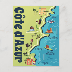 Cote d'Azur illustrated map Postcard