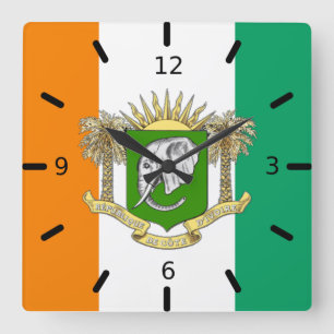 Cote d'Ivoire flag-coat of arms   Square Wall Clock